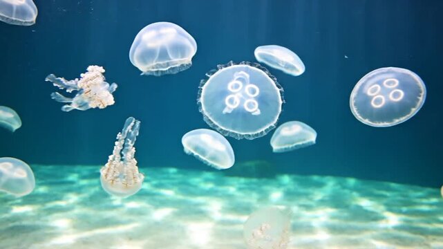 Group of translucent jellyfish swimming underwater in deep blue ocean