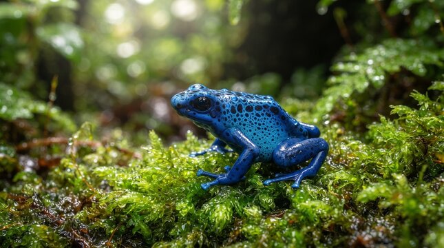 Blue Poison Dart Frog Macro Portrait on Emerald Moss with Tropical Rain Drops