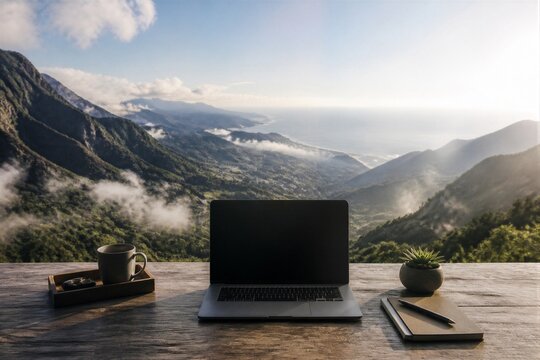 Laptop positioned on wooden table overlooking mountain valley