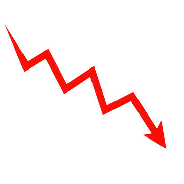 Red zigzag arrow pointing down showing negative trend isolated on transparent background