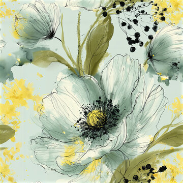 Soft translucent floral pattern with delicate black and yellow details creating calm and elegant botanical design