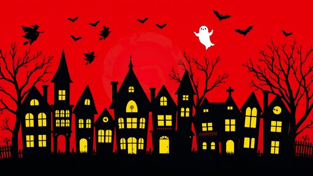 Spooky haunted houses with a ghost and bats against a vibrant red halloween sky
