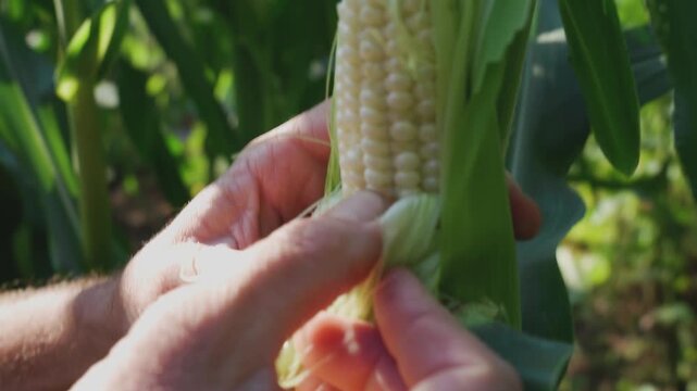Close up of farmer hands peeling back green husk to reveal fresh yellow sweet corn cob
