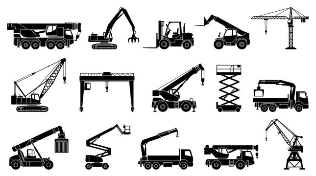 Construction and Industrial Heavy Machinery Silhouette Icons: Cranes, Forklifts, Lifts