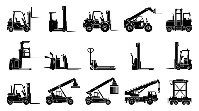 Black and White Forklift Icons, Heavy Machinery Vector Set