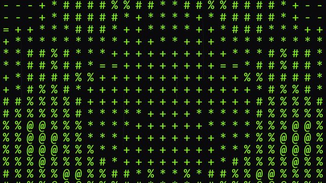 Green symbols hash percent at sign asterisk plus equal computer code background. Perfect for technology themed designs, programming concepts, and digital marketing materials.