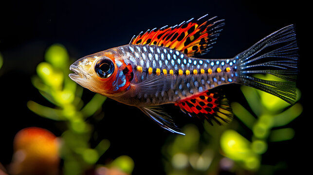 Vibrant colorful neon dottiwrasse fish swimming in aquarium closeup