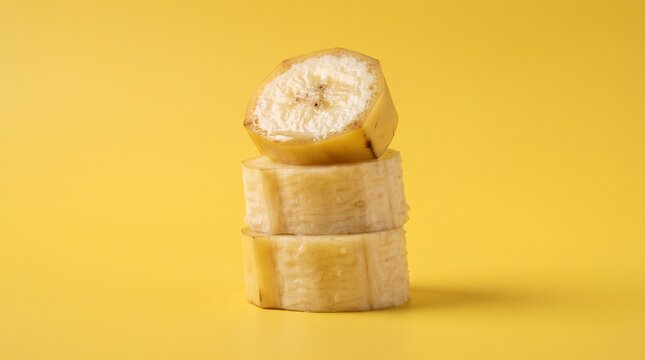 Three thick banana slices stacked, isolated on yellow background 16:9 8k realistic portrait 