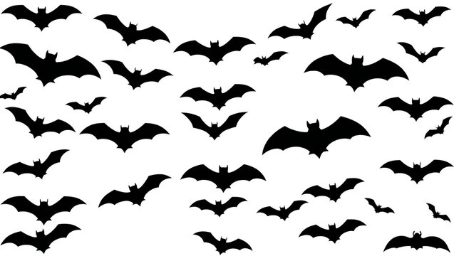 Many black bats flying together in the dark halloween sky