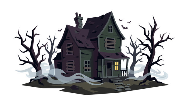 Spooky abandoned haunted house vector illustration. Old scary mansion with dead trees, fog, and flying birds. Halloween background and haunted house design concept.