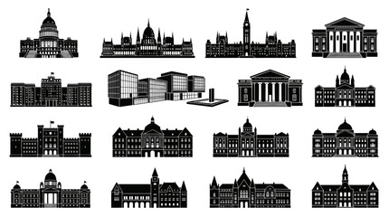 Fototapeta premium Black and White Vector Glyphs: Iconic Government, University, and City Architectural Building Silhouettes Collection