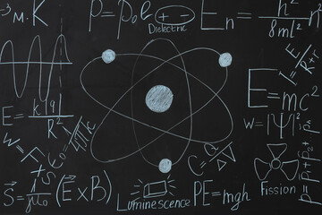 Fototapeta premium Drawn atomic structure and physics formulas on black chalkboard