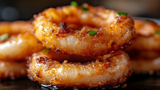 Delicious crispy deep fried onion rings snack macro close up