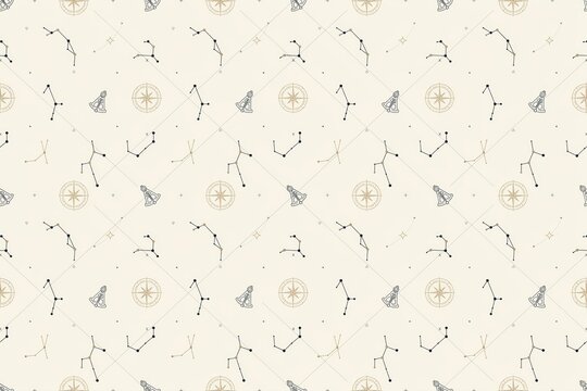 Repeating pattern with intricate compass roses, star constellations, and small geometric shapes on a soft cream colored paper background