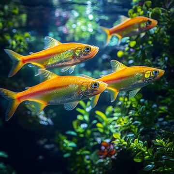 Group of bright orange goldfish swimming among green aquatic plants