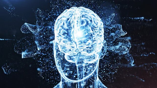 Human head outline with glowing energetic brain during conceptualization with abstract particles in dark background
