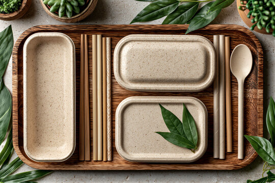 Top-down flat lay of eco tableware on wood with greenery. Warm tones and soft light create a sustainable vibe, perfect for green marketing campaigns. Includes clean negative space.