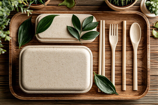 Top-down flat lay of eco tableware on wood with greenery. Warm tones and soft light create a sustainable vibe, perfect for green marketing campaigns. Includes clean negative space.