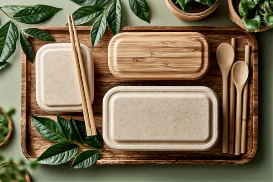 Top-down flat lay of eco tableware on wood with greenery. Warm tones and soft light create a sustainable vibe, perfect for green marketing campaigns. Includes clean negative space.