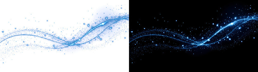 Blue sparkle wave with twinkling stardust particles forming elegant curved light trail in PNG, Transparent and Black Background Versions ideal for festive design © Tanay