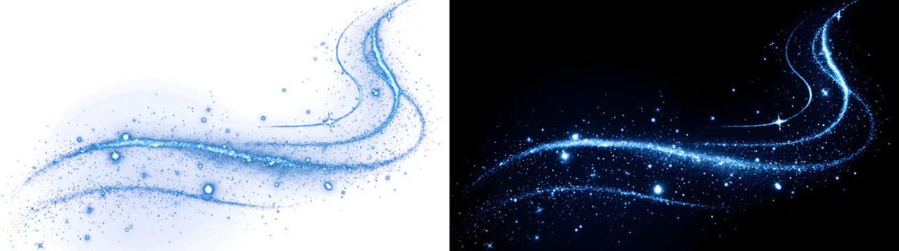 Blue glitter swirl trail with sparkling stars and shimmering particles flowing gracefully in PNG, Transparent and Black Background Versions ideal for festive design