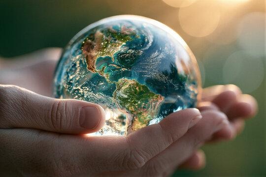 Gentle hands cradling a glass Earth globe with vivid continents, lit by golden and emerald cinematic light on a green bokeh backdrop. Ideal for environmental campaigns and corporate ESG branding.
