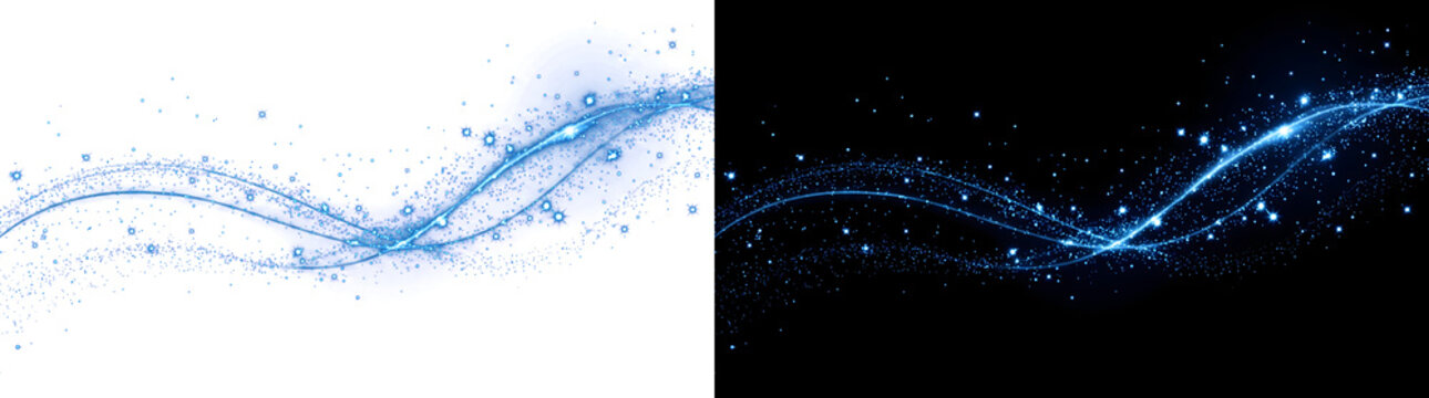 Blue sparkle wave with twinkling stardust particles forming elegant curved light trail in PNG, Transparent and Black Background Versions ideal for festive design