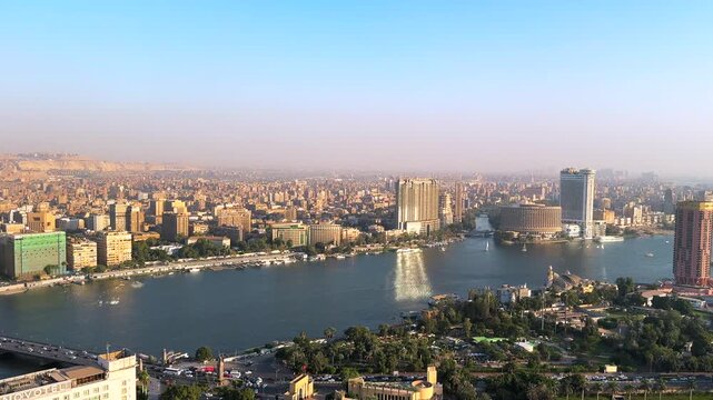 Aerial Wide Panoramic View of Cairo and Nile River at Sunset