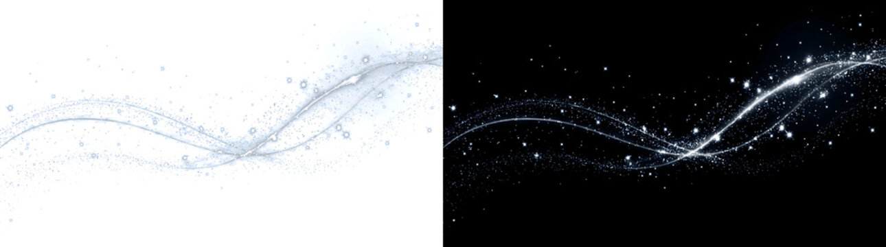Silver sparkle wave with twinkling stardust particles forming elegant curved light trail in PNG, Transparent and Black Background Versions ideal for festive design