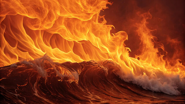 Powerful wall of fire shaped as a curling ocean wave