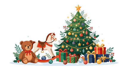 Naklejka premium Whimsical Christmas Scene with Teddy Bear, Rocking Horse, and Decorated Tree