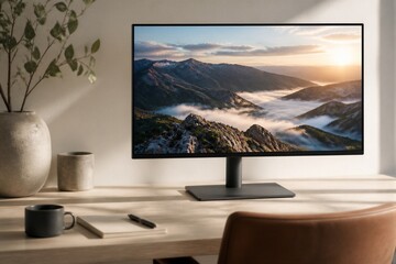Fototapeta premium Computer monitor showing mountain landscape on wooden desk