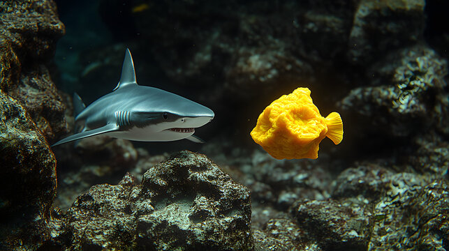 Small shark swimming next to yellow tang fish in aquarium reef