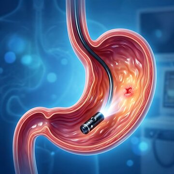 stomach undergoing an endoscopic procedure. A stylized endoscope tip is shown within the stomach lumen, with a small, focused light illuminating a specific area of interest   , implying advanced visua