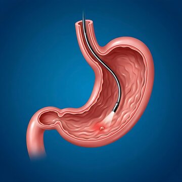 stomach undergoing an endoscopic procedure. A stylized endoscope tip is shown within the stomach lumen, with a small, focused light illuminating a specific area of interest   , implying advanced visua