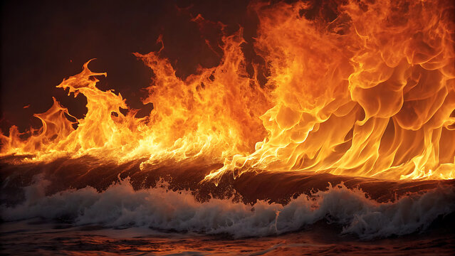 Intense wildfire flames raging above foaming ocean surf at night