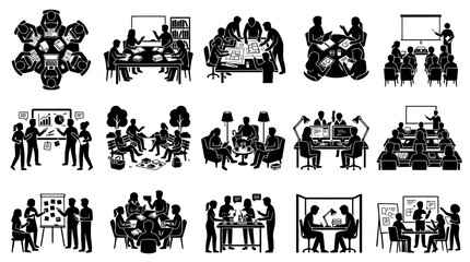 Fototapeta premium Learning, Education, and Business Collaboration Icons - Modern Black White Glyph Set