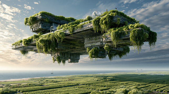 Floating eco city platform covered in green vegetation over coastal landscape.