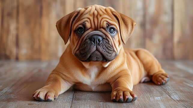 Adorable french bulldog puppy lying down on rustic wooden floor