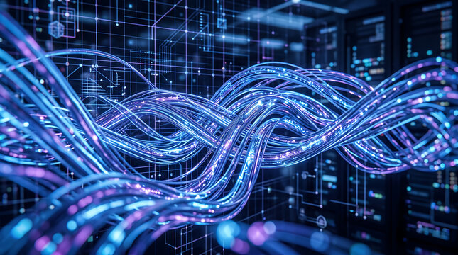 Futuristic high-speed fiber optic data transmission flowing through a dark digital server room