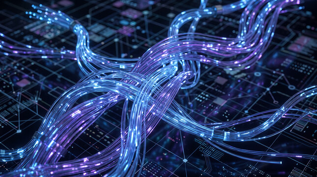 Abstract 3D illustration of glowing fiber optic cables transmitting high-speed data through a digital network grid