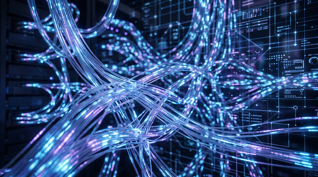 Abstract high-speed fiber optic cables with glowing light pulses in a futuristic data center background