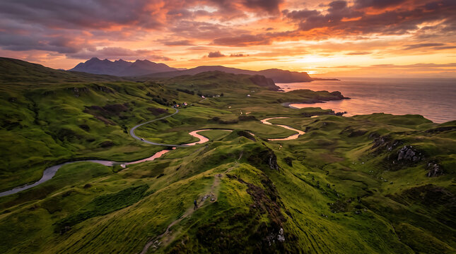 Panoramic Sunset Over Winding River and Rolling Green Hills in the Scottish Highlands