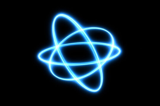Abstract glowing neon blue light trails forming a futuristic atom or orbital structure on a black background