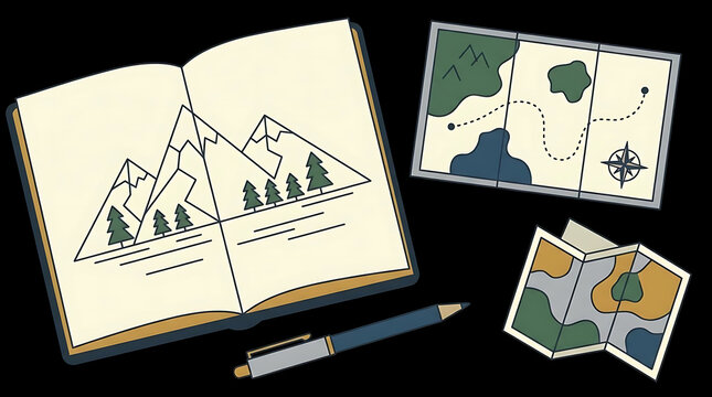 Travel planning set with world map and mountain notebook.