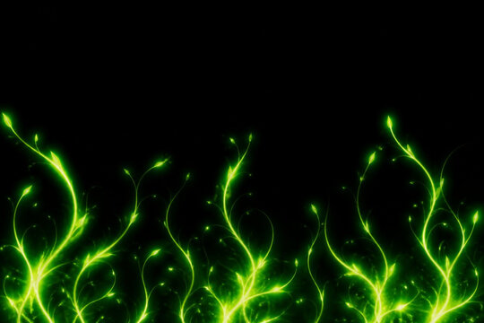 Abstract glowing green floral vines and leaves on a black background, digital art illustration of natureinspired swirling plant patterns