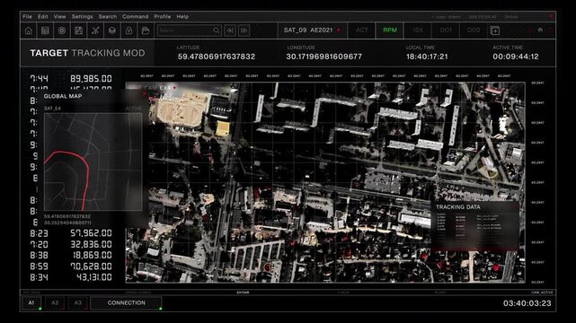 Digital target tracking interface displays an aerial satellite view of an urban area with coordinates and tracking data.