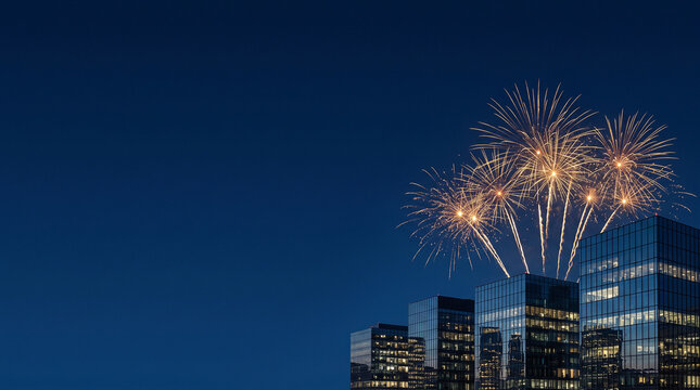 Corporate celebration background, golden fireworks over modern glass buildings at night on dark blue copy space