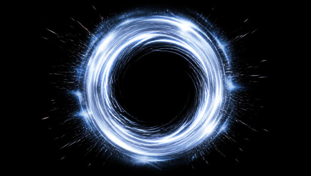 Abstract glowing blue light portal or vortex with swirling energy particles isolated on black background