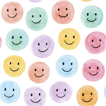 Seamless pastel smiley face pattern with adorable round faces in soft watercolor style creating cheerful and playful mood